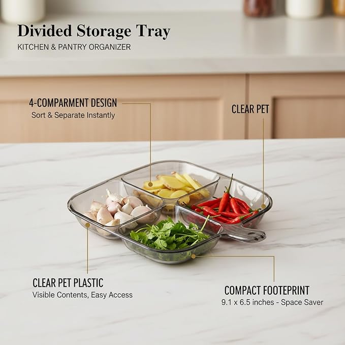 4-Compartment PET Storage Bin, Clear Divided Organizer Tray for Home & Office Sorting