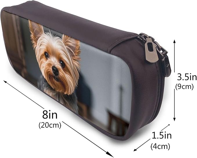 Leather Pen Case with Zipper - Aesthetic Pen Holder Cute Pet Yorkie Pencil Case for Women & Men - Handcrafted Pencil Bag Multi-Functional Travel Cosmetic Case for Work Office Tool Pouch