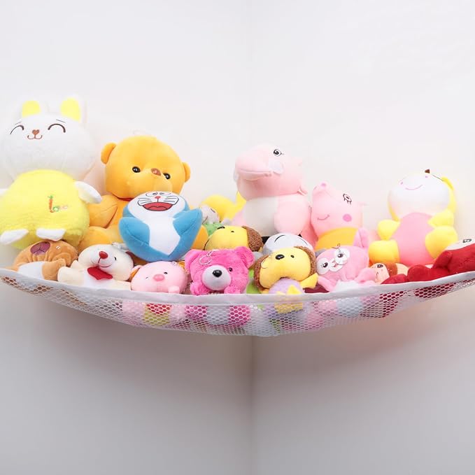 Stuffed Animal Storage Hammock - Small Plushie Net - Corner Hanging Stuffed Animal Net Organizer Holder for Teddy Bears Stuffies - Stuffy Hammock for Bedroom (White)