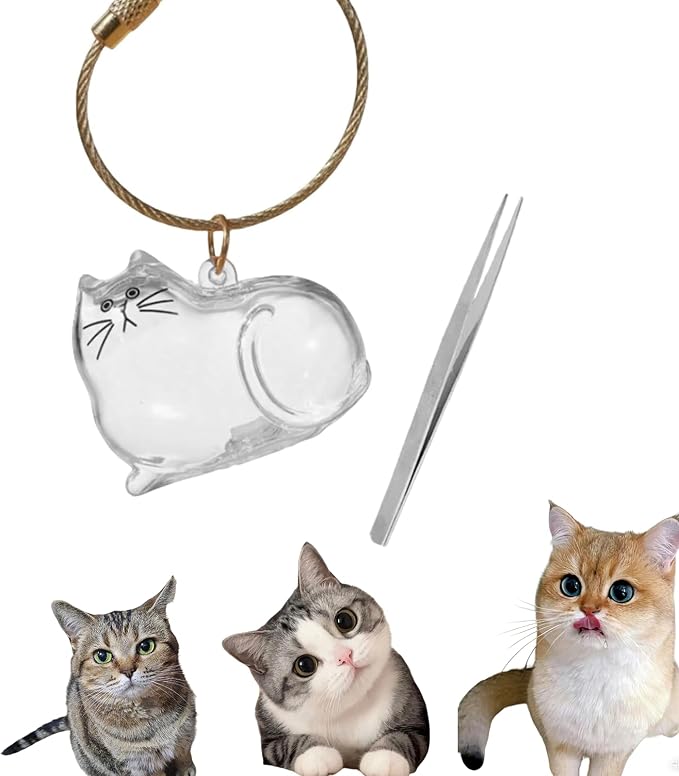 Cute Cat Hair Keychain Transparent Pet Fur Keepsake with Tweezer | Portable Cat Fur Keychain DIY Pet Hair Memorial Keepsake Cats Hairs Collector Charm Storage Box, Cats Lover Collecting Gifts