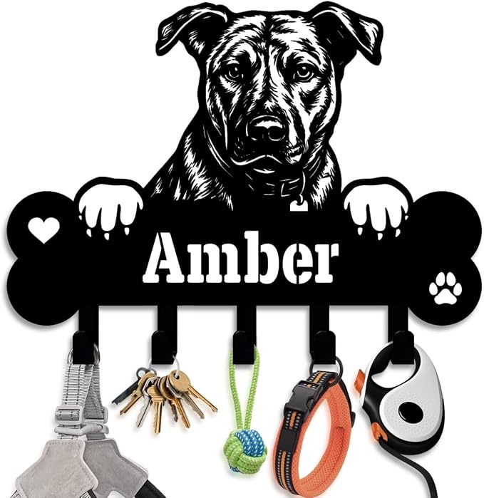 NIWAHO Dog Leash Holder Wall Mount Personalized Name - Custom Mountain Cur Metal Sign with Bone Key Hooks, Pet Leash and Key Organizer for Entryway