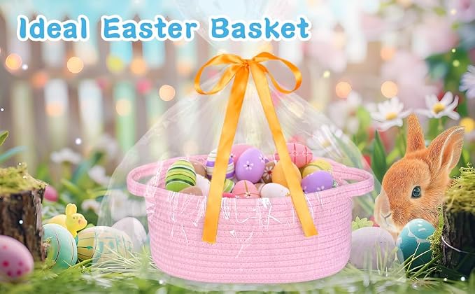 ABenkle Small Woven Easter Basket with Handle, 12x8x5 inches, Durable Storage Basket, Gift Wrap Ready with Ribbon