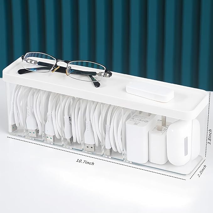 Charger Cable Cord Storage Organizer Box - Easy Storage Without Cable Ties | with Lid,Dust-Proof,Space Saving,6 Standard Space and 1 Larger Space,for Home Office Desk Accessories Supplies