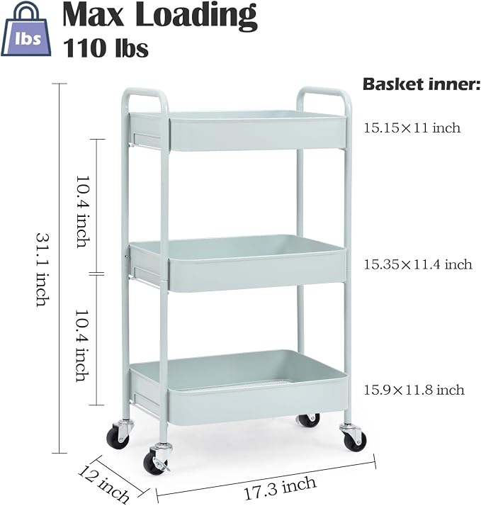 TOOLF 3 Tier Metal Rolling Cart, Utility Storage Cart with Wheels, Green | Screwless Assembly, Lockable Metal Wheels, Trolley Organizer for Bathroom, Kitchen, Office, Dorm, Laundry, Craft Room