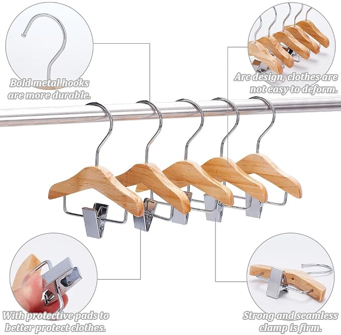 5 Pcs Wood Mini Pet Hanger 4.9x3.9 Pet Clothing Hanger with Clip Hook Miniature Clothes Hangers Tiny Dog Clothes Rack Mini Display Clothing Rack for Bedroom Living Room Shower Supplies
