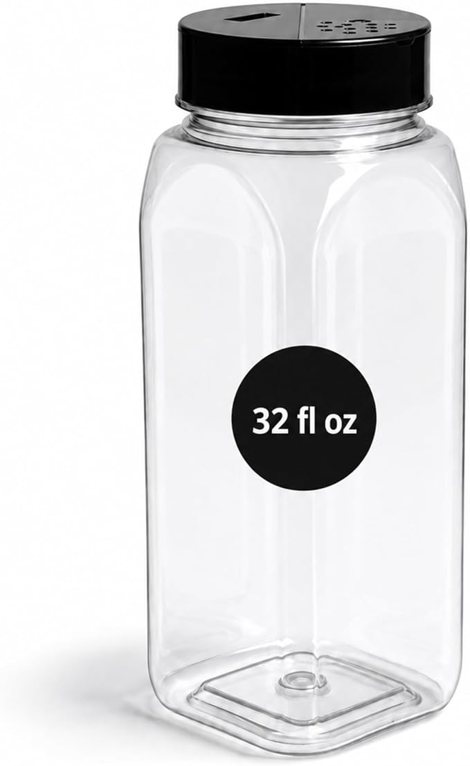 Pride Of India 32 Fl Oz Clear Spice Jar with Dual Opening Lid | Food Grade PET Plastic Oblong Jar | Reusable Organizer for Spices, Herbs, Coffee, Nuts, Snacks & Pet Treats | | 3-4 Cup Capacity