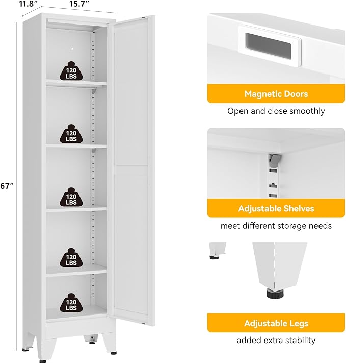 YAUWOH White Narrow Metal Storage Cabinet, Tall Freestanding Cabinet with 4 Adjustable Shelves & Barn Doors, Pantry Organizer for Bathroom Kitchen Home Office Dining Room（1PC,White）