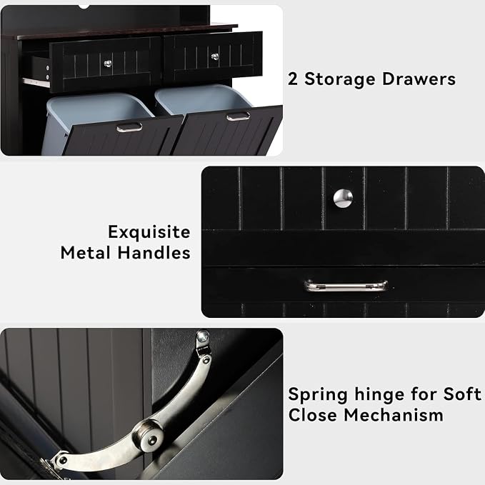 68.4" Kitchen Pantry Storage Cabinet, Freestanding Cupboard with Shelf, 2 Drawers and 2 Tilt Out Trash Cabinet, Tall Cabinets for Kitchen, Dinning Room, Living Room (Glossy Black, Double Tilt)