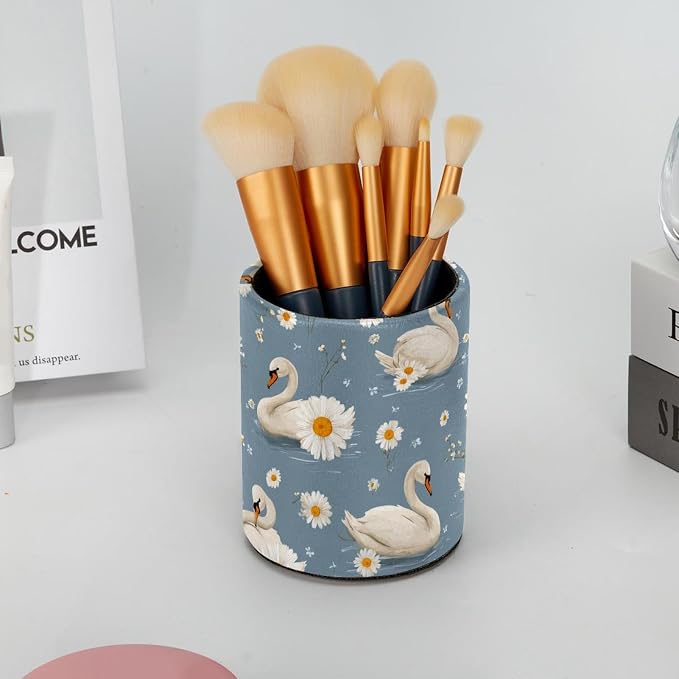 Faux Leather Pen Holder for Desk, Pencil Organizer Geese and Daisies Pen Cup Desk Decor Makeup Brush Holder Storage for Office Home