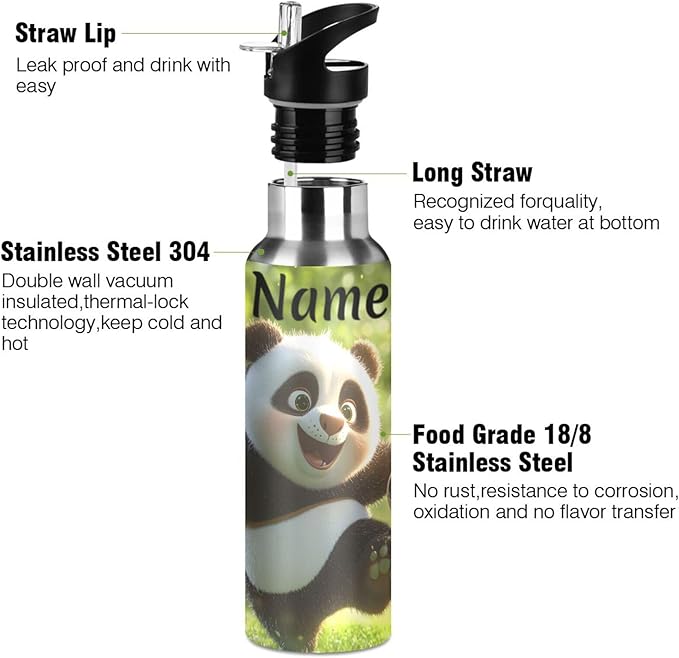 Custom Name Panda Playing Football Water Bottle with Straw Lid Kids Insulated Stainless Steel Water Flask Sports, 20 Oz Hot Cold