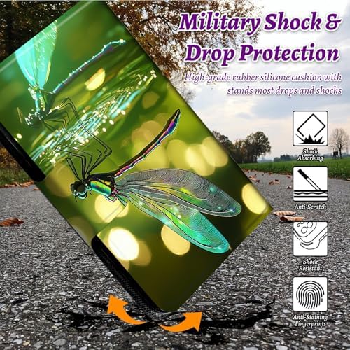 Rotating Handle Case for Samsung Galaxy Tab A7 Lite 2021 8.7", 360 Degree Swivel Kickstand with Magnetic Closure Shockproof Leather Protective Cover for Women Men, Green Dragonfly