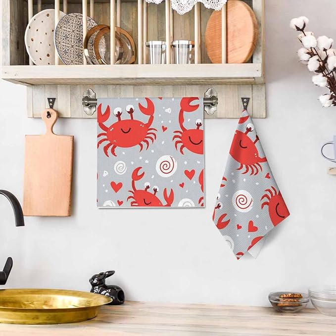 Crabs Kitchen Towels Set of 2 Cute Nautical Seafood Dish Towels Absorbent Soft Hand Tea Bar Towels for Farmhouse Home Decor 16"X24"