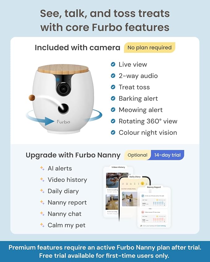 Furbo Mini 360° Pet Camera [No Monthly Fee] | Clear 2K QHD Video, 360° Rotating View, Barking/Meowing Alerts, 2-Way Audio, Color Night Vision, Pet Monitoring, No AI Alerts