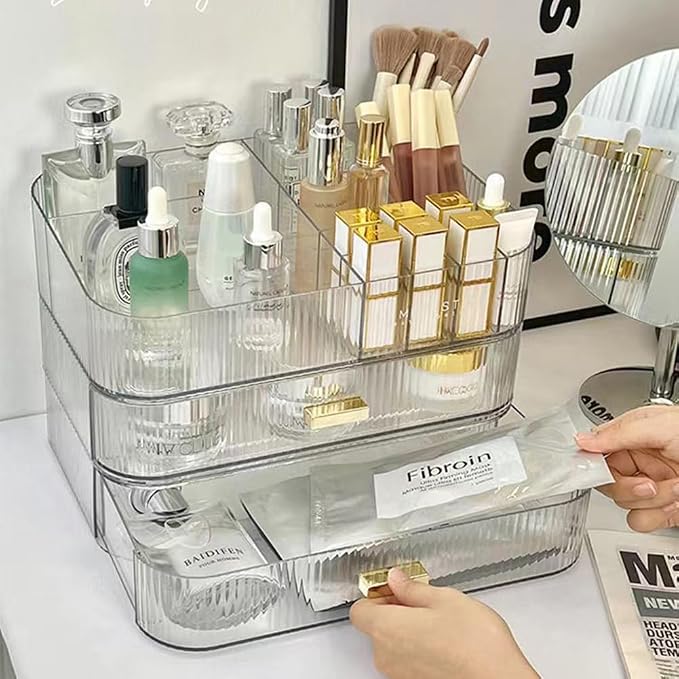 Makeup Organizer with Stackable Drawers, Bathroom Counter Organizer. | Drawers Can be Stacked, Cosmetic Display Case, Ideal for Make Up, Skincare, Perfume; Suitable for Dresser Top, Vanity