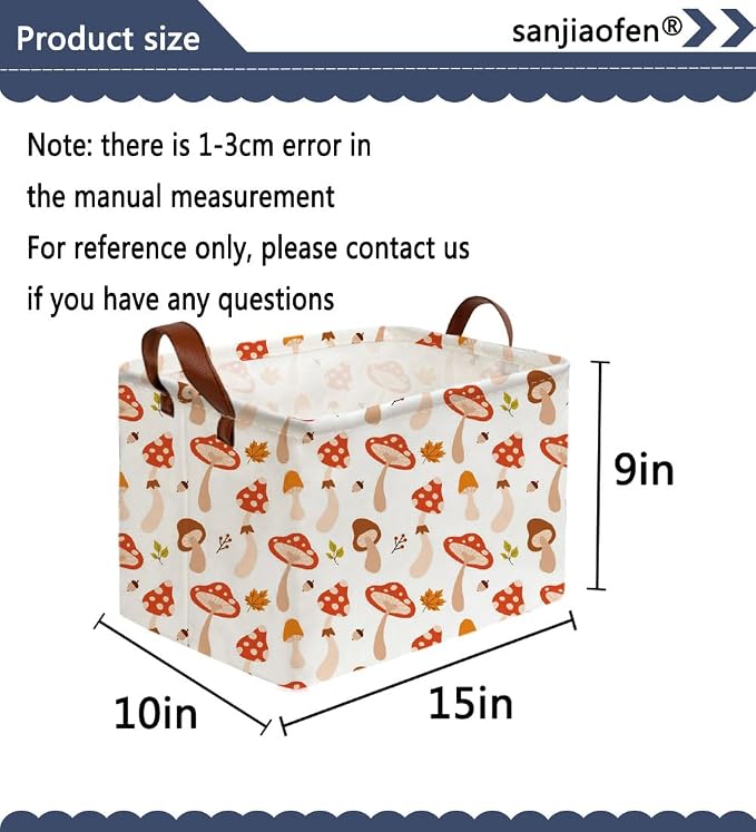 Sanjiaofeng Rectangular Kids Basket Cute Storage Bins,Mushroom Storage Basket with Handles.Clothers,Books,Kid's Gifts Bins. (Mushroom)