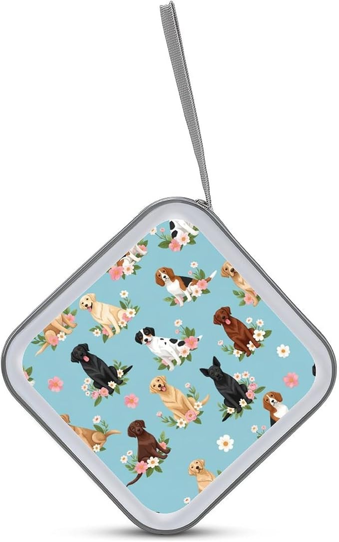 Protective 40-Capacity CD Organizer Australian Shepherd Dogs Flowers, Hard Case Storage Binder with Zipper, Portable Wallet for Car Home Office