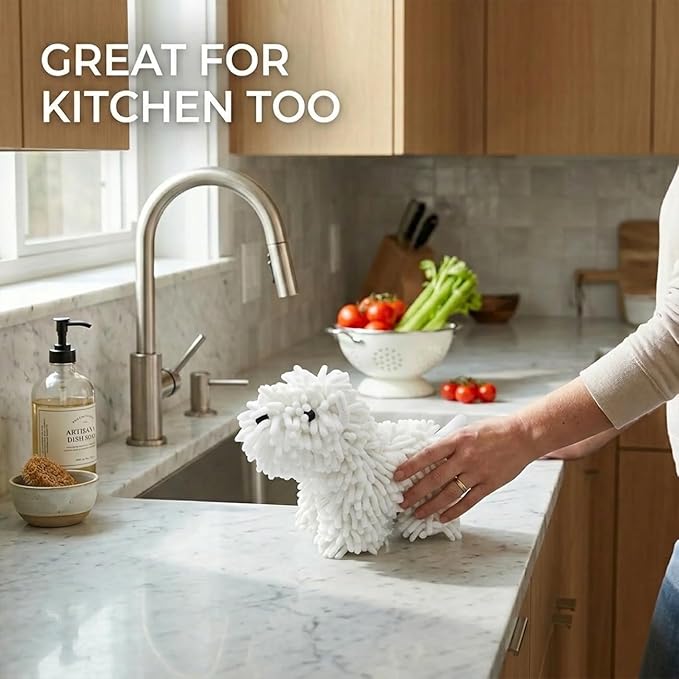 Cute Dog Chenille Hand Towel, 3D Puppy Hangable Fuzzy Ball Hand Towel Microfiber Super Soft Absorbent Bathroom & Kitchen Towels with Hanging Loop, Can Be Placed on the Sink Countertop (White & Gray)