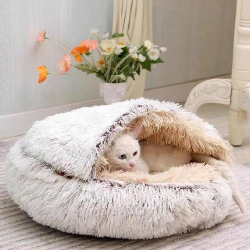 Round Fluffy Hooded Cat Bed Cave, Anti-Anxiety Cave Bed with Blanket | Hooded Cat Bed Cave, Cozy Cuddler Luxury Puppy Pet Bed, Anti-Slip Bottom and Machine Washable