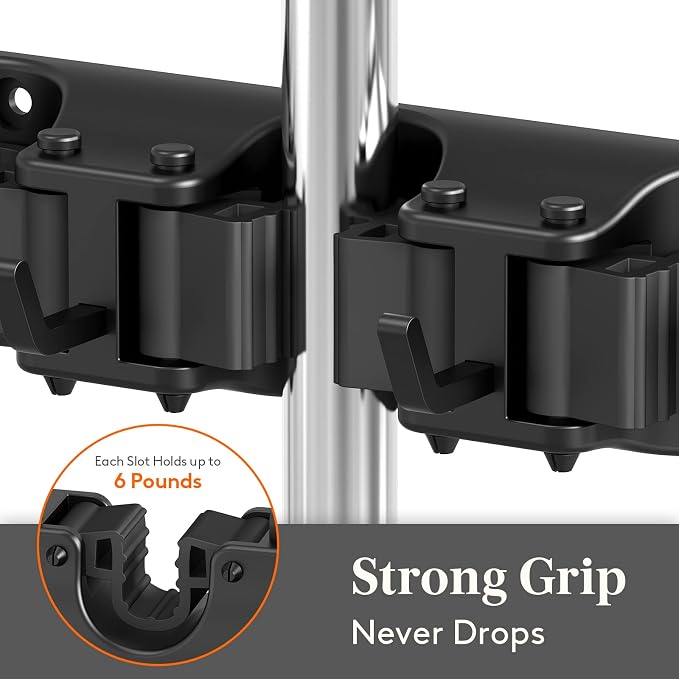 Lifewit Mop and Broom Holder Organizer Wall Hanging Mount, Black, 2 Pack | Anti-Slip Broom Storage for Cleaning Organizer, Easy Install Tool Hanging Rack with 5 slots & 6 hooks for Kitchen, Garage