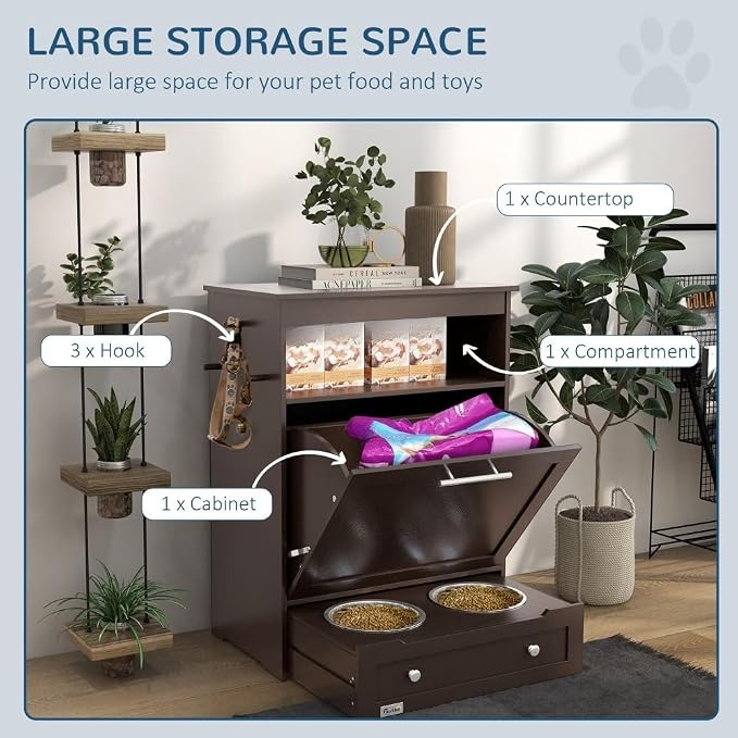 Premium Bamboo Pet Feeding Station with Built-in Food Storage, Elevated Bowls, and Integrated Supply Organizer for Dogs and Cats