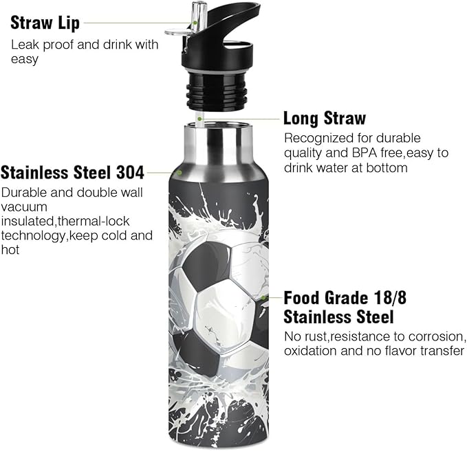 Soccer Ball Water Bottle with Straw Lid Kids Insulated Stainless Steel Water Flask Sports, 20 Oz Hot Cold
