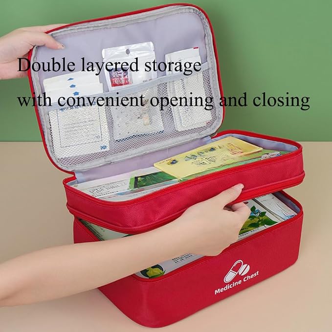 Dual Layers First Aid Bag Empty with Lockable Zipper,Pill Bottle Organizer Storage Bags,Household Medicine Storage Bag for Home Pills Vitamins Emergency Supplies Travel (Red,13.78×9.45×6.69inch)