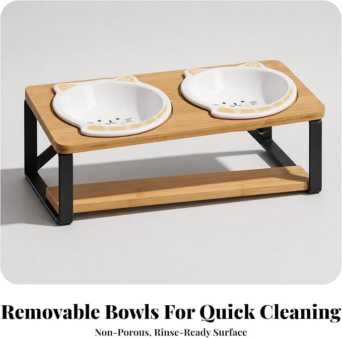 Cat Bowl Stand Elevated Feeder Raised Holder Double Dish Organizer Bamboo Wood and Iron Slanted Feeding Board with Two Round Slots Suitable for Cats