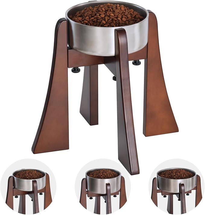 Solid Wood Elevated Dog Bowl Stand Set with Stainless Steel Bowl, 12-Inch | Raised Feeder with Adjustable Width Fits 6.3-7.8 Inch Dog Food Water Bowls, Non-Slip Base for Medium and Senior Dogs