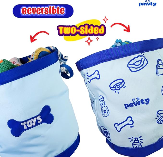 Pawty Reversible Dog Toy Basket – 35L Large Collapsible Fabric Storage Bin with Dog Toys Text – Foldable Pet Toy Box & Organizer for Blankets, Leashes, Living Room – 13.8" x 15.75" (Holds 20+ Toys)
