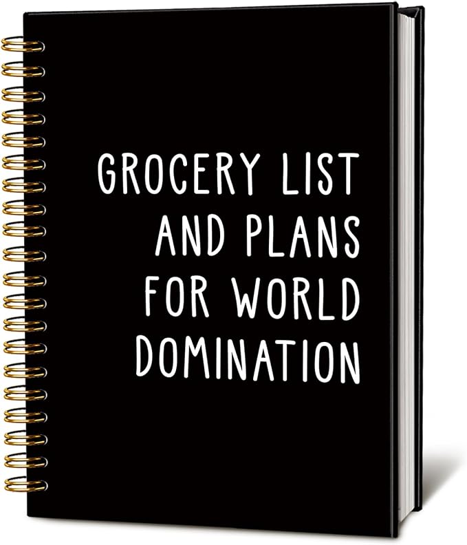 Grocery List Plans World Domination Funny Notebooks Journal | Funny Gag Office Gifts for Coworkers, Office Notebooks, Funny Office Supplies, Black Hardcover Spiral Notebook 5.5x8.3 In