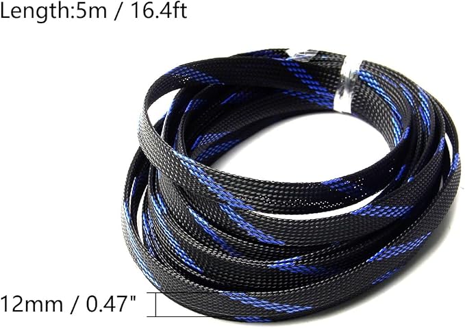 Jutagoss PET Expandable Braided Cable Sleeve, 16.4ft - 1/2 inch Black Blue Cable Management Sleeve, Wire Loom Tube Cord Protector for USB Cable, Power Cord, Audio Video and More, 1Pc