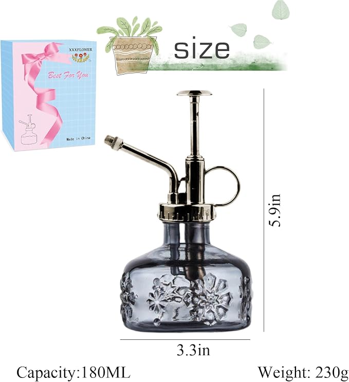 XXXFLOWER Glass Plant Mister Spray Bottle Grey 180ml/6 oz | Mini Watering Can Indoor Plants Indoor Plant Mister Succulent Watering Bottle Tall Vintage Style with Bronze Plastic Top Pum