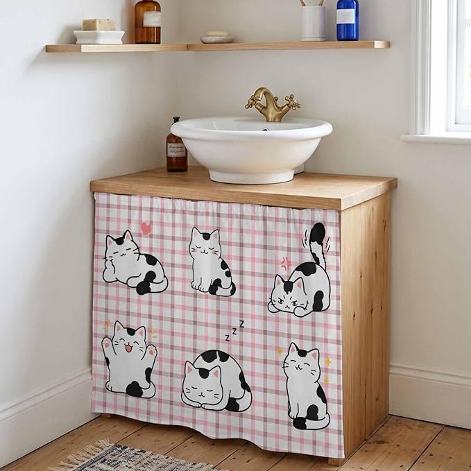 Cute Cat Cabinet Curtain 35"Wx35"L, Dustproof Under Sink Skirt with Self Adhesive Tape, Modern Playful Pet Cats Pink Brown Plaid Cabinet Curtain Cover for Kitchen Sink, Bathroom Vanity, Laundry Room