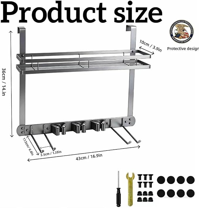 Over Door Tool Organizer, Heavy Duty Utility Rack with 3 Slots, 2 Hooks and 1 Basket, Power Tool & Garden Tool Storage for Garage, Workshop, Warehouse, Fits Brooms and Mops - Grey