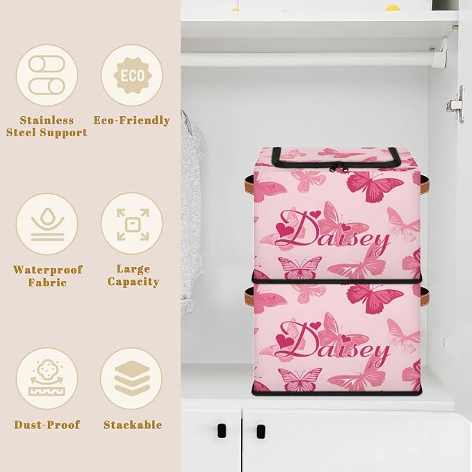 Custom Cute Butterfly Storage-Bin With Zipper Lid for Kids-Girls-Boys-Baby-Pet,Personalized Name Foldable Storage Box with Handle,Baby Basket With Label for Bedroom Nursery Toy Clothes,Pink
