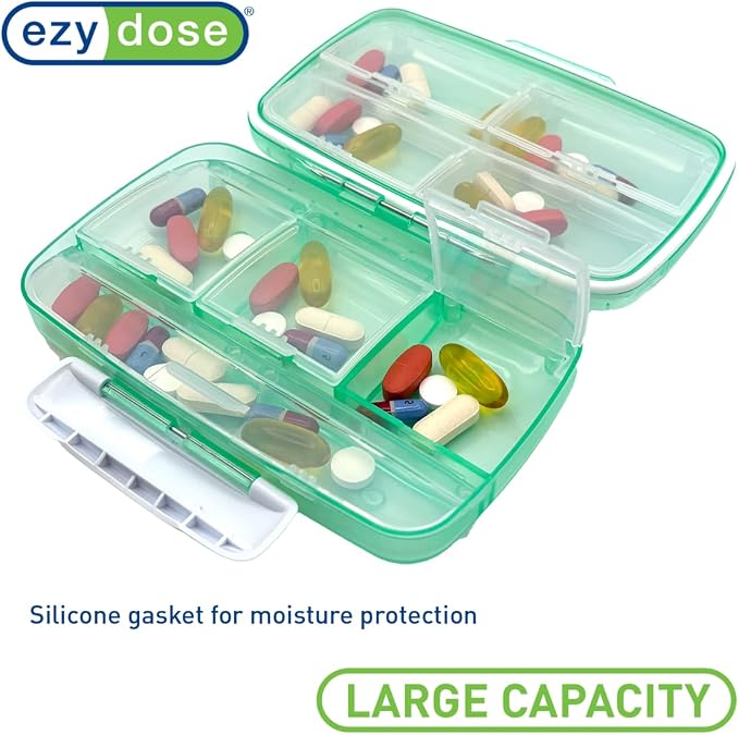 Ezy Dose Moisture-Proof Travel Pill Case, 8 Compartments, Green, Large | Moisture-Proof Pill Case, Medicine Planner, Vitamin Organizer Box, Travel-Friendly, Latch-Closure to Secure Contents