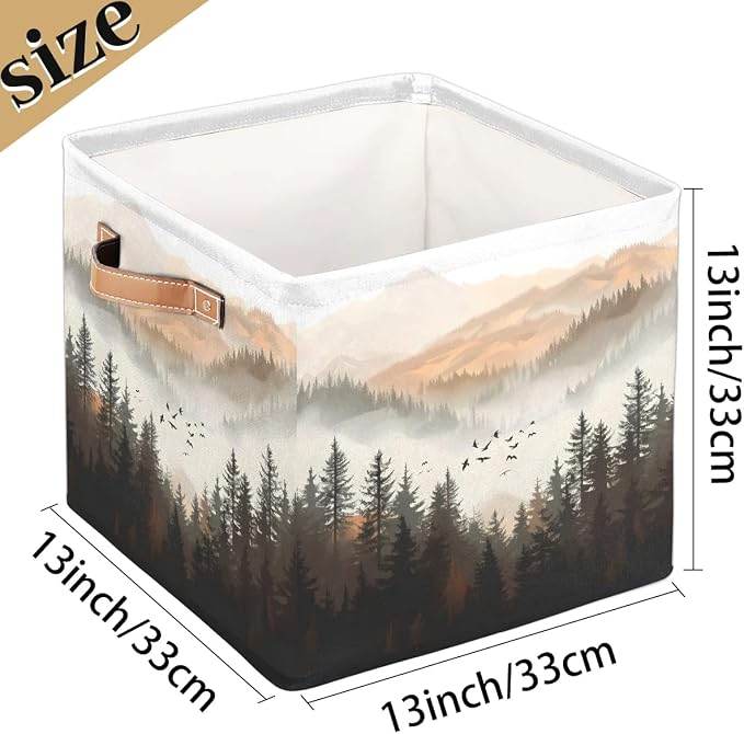 Forest with Mountain Cube Storage Bin, 13 Inch Collapsible Fabric Storage Cubes Bin, Foldable Cube Baskets for Shelf, Closet, Organizer