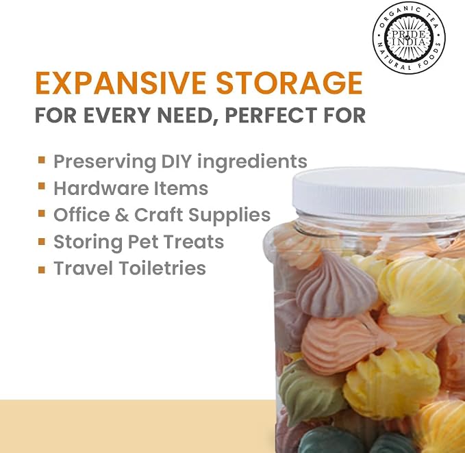 Pride Of India Clear Food Grade PET Plastic Square Grip Storage Jar w/Cap - 64 Fluid Ounces - 6-Jar Pack (7-8 Cup Storage Capacity)