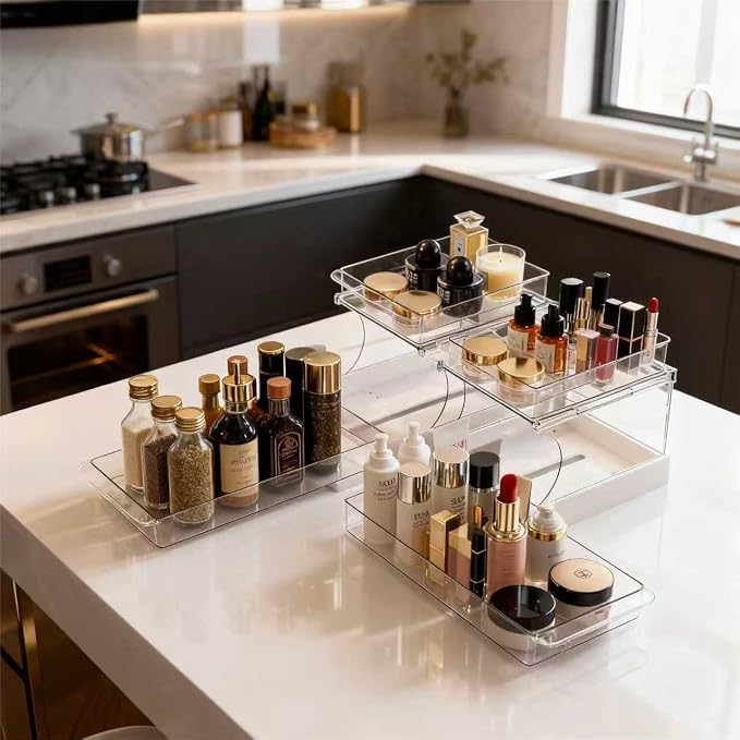Jsyrjing 2 Pack Pull Out Spice Rack, 2 Tier Clear Cabinet Organizer | Rotating Pantry Organizer for Kitchen, Bathroom and Makeup Storage, Sliding Drawer Design for Under Sink Cabinets