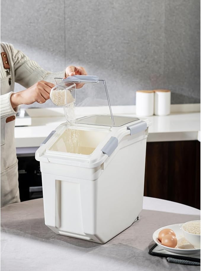 HANAMYA 32.5 Liter / 35 lbs Pet Food Storage Container with Measuring Cup, BPA free, For Dog Food | Cat Food | Rice | Grain | Flour, White & Gray, 2 counts