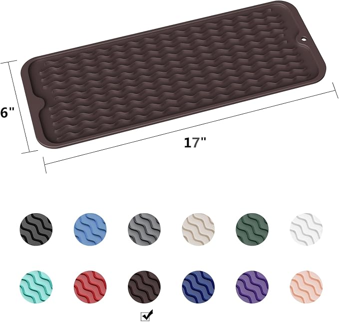 ZLR Small Dish Drying Mat for Kitchen Counter, 6"x17", Coffee | Narrow Silicone Drainer for Apartment, Dorm & RV, Wavy Ridges Quick-Dry, Non-Slip, Rolls Up, Dishwasher Safe