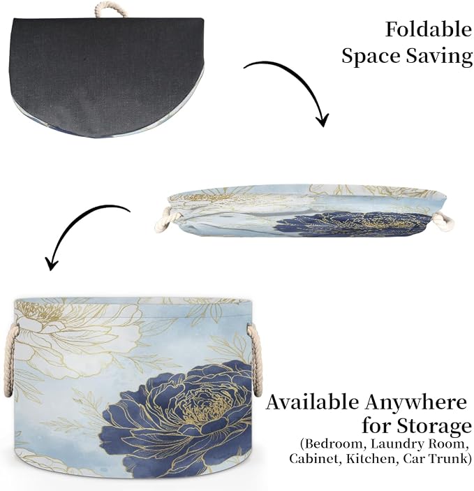 Large Storage Baskets - Blue Gold Peony Floral Nursery Organizer Bin Box with Handles Collapsible Round Laundry Hamper for Kids Toys Pet Blanket, Bedroom Living Room Home Decor Gift Basket