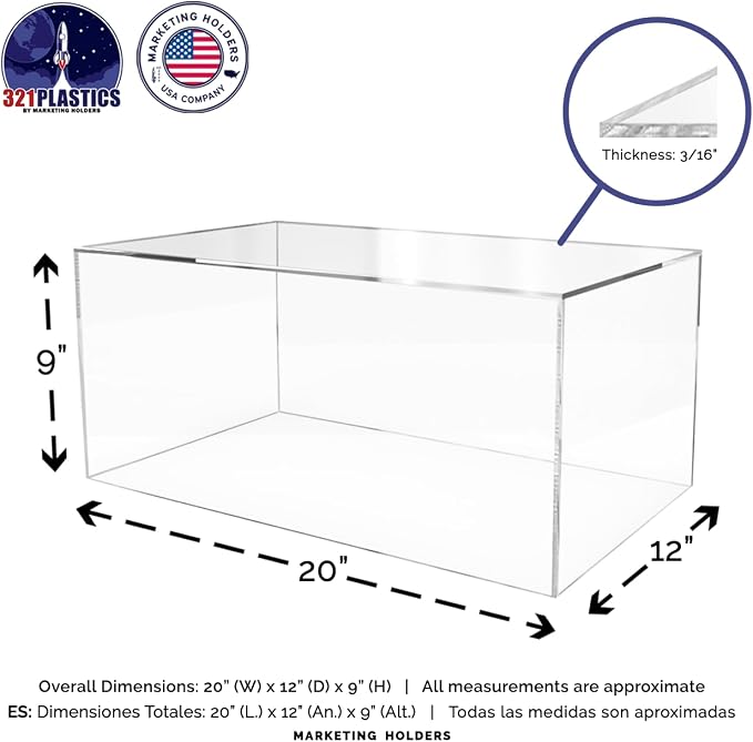 20" x 12" x 9" Clear Acrylic Display Box with One Open Side No Lid Versatile Rectangular One Piece Retail Product Riser or Merchandise Storage Bin by Marketing Holders