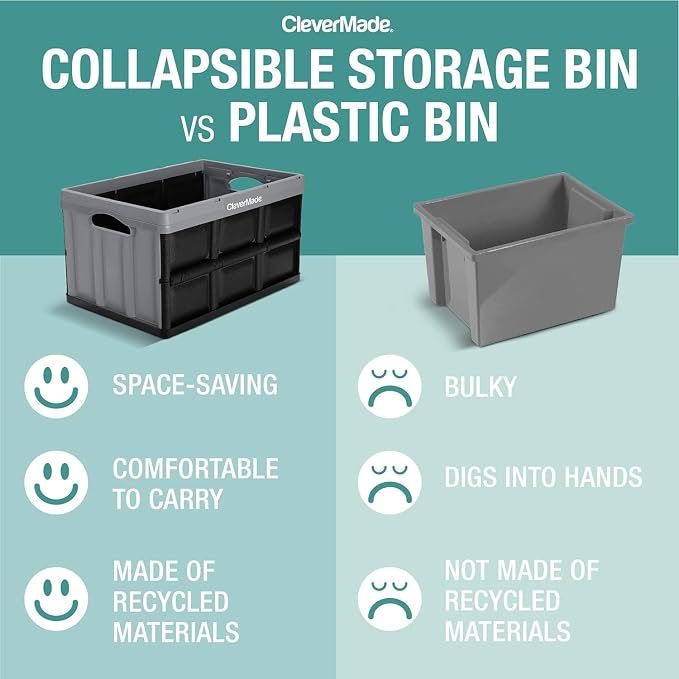 CleverMade Collapsible Storage Bins, 32L, 3 Pack Foldable Storage, Stone | Turn Trunk and Garage Clutter into Stackable Order | Reinforced Plastic Handles Up to 66 lb, Then Nests Compactly When Folded