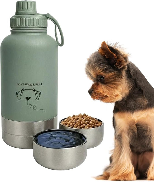 Love Wag & Play Dog Water Bottle with Food Bowls, Portable Stainless Steel Bottle for Dogs, Leakproof Travel Design with Detachable Bowls for Walks, Hikes and Outdoor Adventures (32 oz)