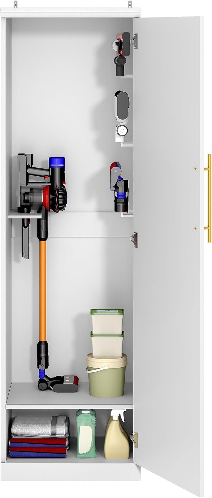 Broom Closet Storage Cabinet, 65" H Slim Utility Closet White | with Door and Shelf, Tall Vacuum Storage Cabinet with Hooks for Cleaning Tool, Broom Closet Organizer for Bathroom, Garage