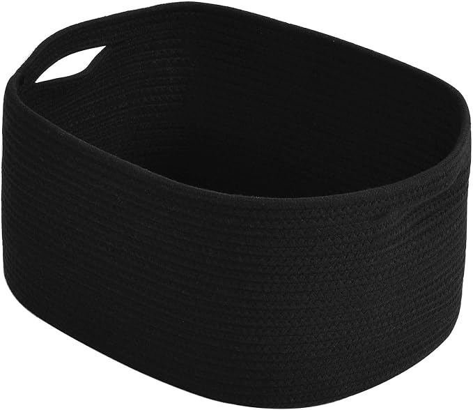ECDYQXVU 15x10x9 Inch Woven Cotton Rope Storage Basket, Black, 1 Pack | Foldable Design, Built-in Handles, Space-saving Organizer for Living Room, Bedroom, Laundry, Shelves, Clothes, Towels