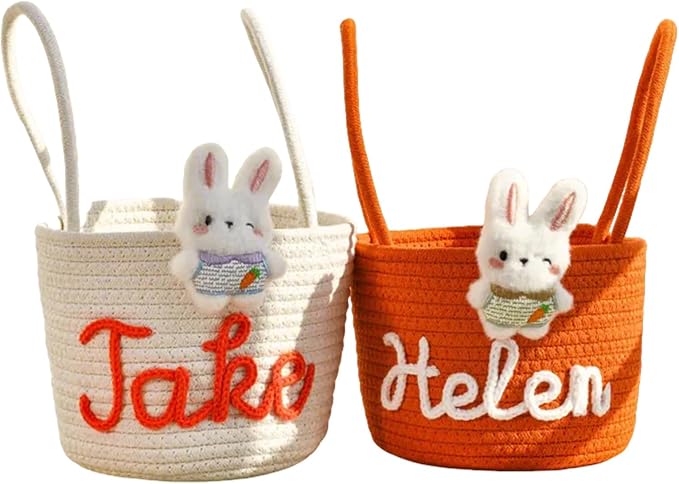 Personalized Woven Rope Bunny Basket Custom Easter Baskets for Kids Easter Egg Hunt Basket Name Tag with Handle Cotton Rope Basket (Style H)