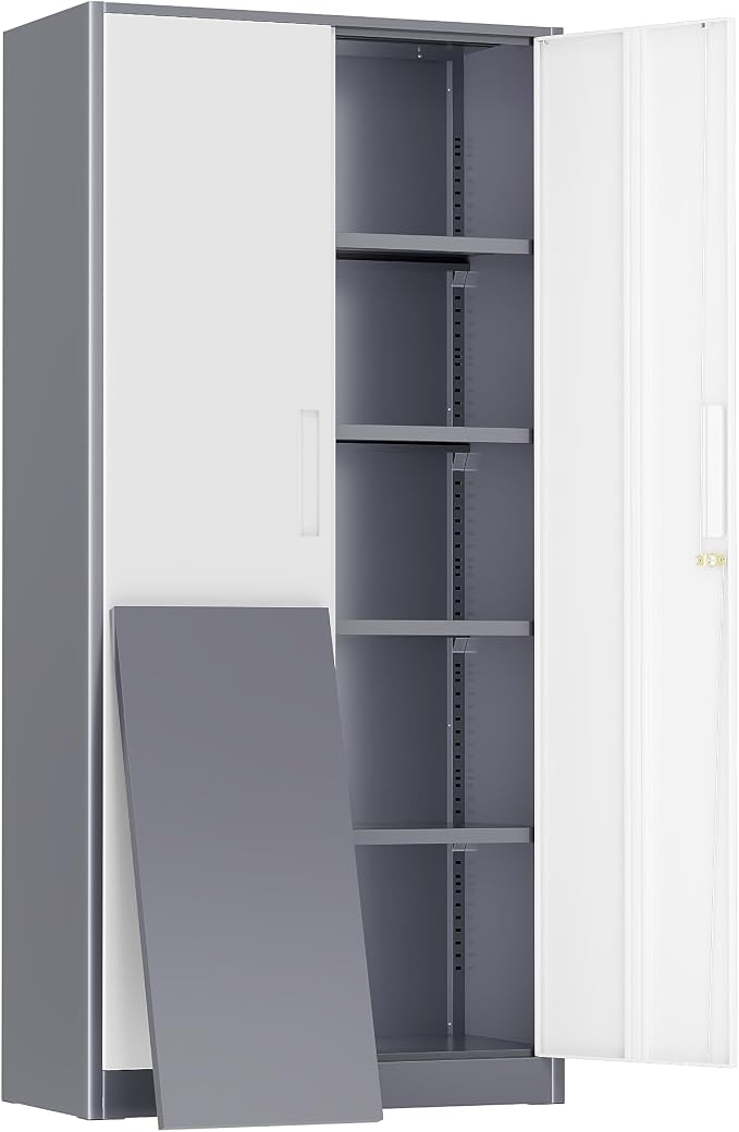 Greenvelly Metal Storage Cabinet, 72" Locking Metal Garage Storage Cabinet with Doors and 4 Adjustable Shelves, Lockable Steel Cabinet for Home Office, Garage, Shop, School (White Grey 32" W x 16" D)