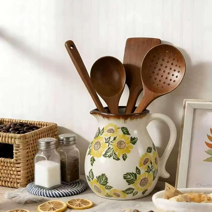 Rustic Ceramic Utensil Holder, 6.1" Kitchen Cooking Utensil Holder | Utensil Organizer Crock with Handle for Kitchen Counter, Vintage Farmhouse Home Decor, Flower Pot, Countertop Spoon Tools